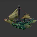 Green Hull Sailing Water Transport With Multiple Yellow Sails And Decorative Design