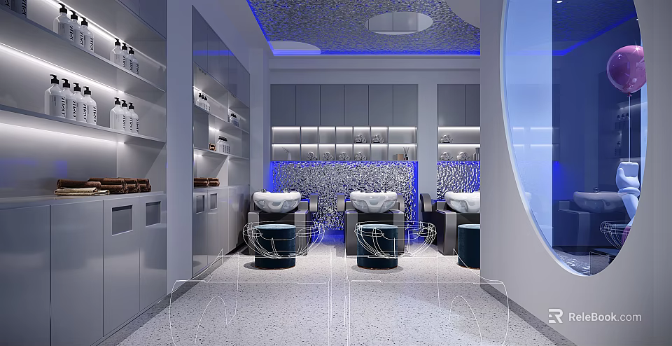 Modern Beauty Hair Salon Interior With Styling Chairs Mirrors Lighting And Equipment 3d model 