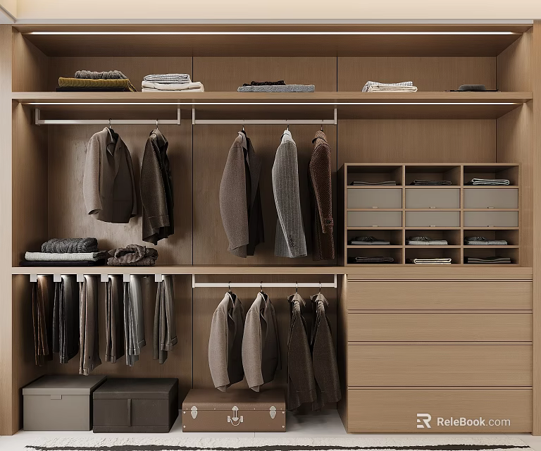 Organized Wooden Wardrobe With Hanging Coats Folded Clothes And Storage Drawers 3d model 