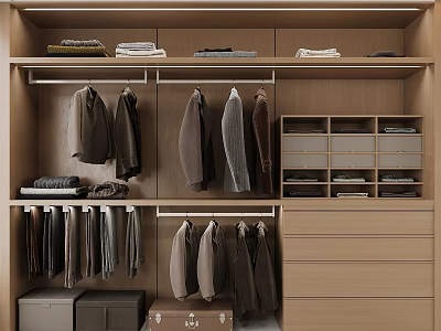 Organized Wooden Wardrobe With Hanging Coats Folded Clothes And Storage Drawers 3d model