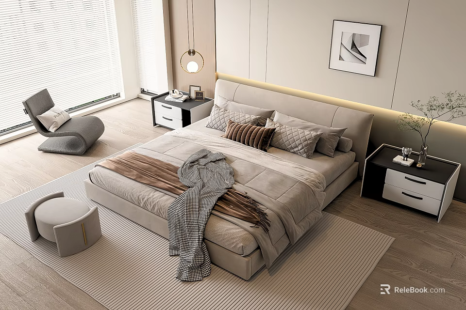 Modern Light Colored Double Bed With Nightstands Decorative Painting Accent Chair And Window Blinds 3d model 