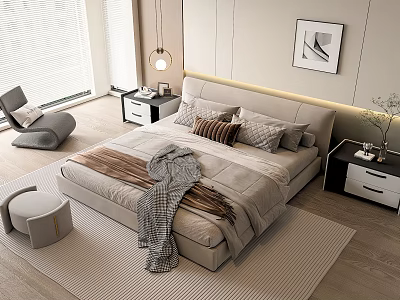 Modern Light Colored Double Bed With Nightstands Decorative Painting Accent Chair And Window Blinds 3d model