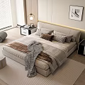 Modern Light Colored Double Bed With Nightstands Decorative Painting Accent Chair And Window Blinds