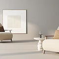 Leisure Sofa Set Beige Armchairs With Side Table And Grid Pattern Wall Art 3d model