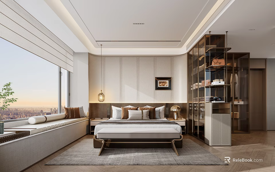Elegant Modern Bedroom Interior Design With Window Seat King Bed And Glass Wardrobe 3d model 