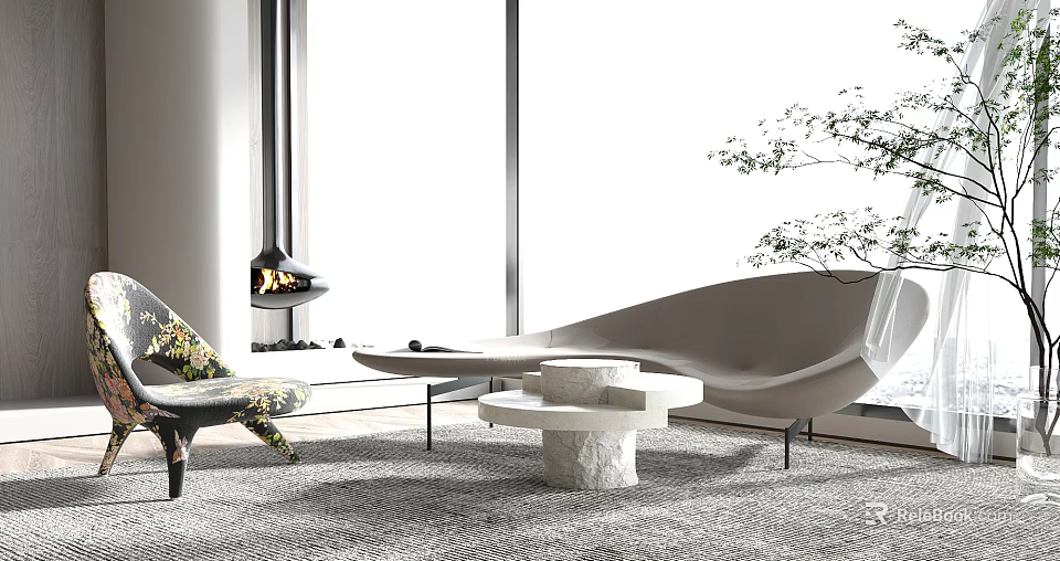 Modern Fabric Sofa Coffee Table Set With Marble Top And Large Window In Living Room 3d model 