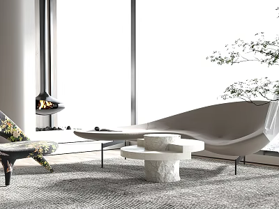 Modern Fabric Sofa Coffee Table Set With Marble Top And Large Window In Living Room 3d model