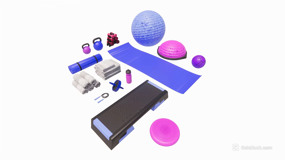 Essential Home Workout Sports Equipment Including Yoga Ball Kettlebells Foam Rollers And Mat 3d model 