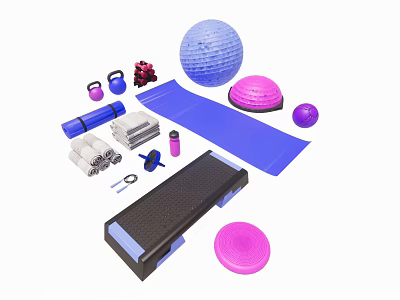 Essential Home Workout Sports Equipment Including Yoga Ball Kettlebells Foam Rollers And Mat 3d model