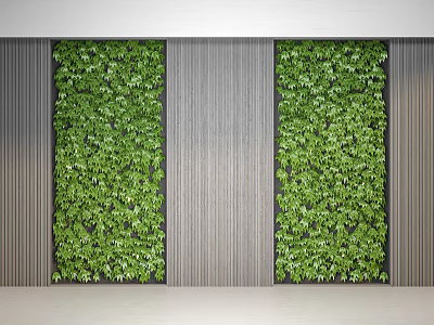 Two Green Plant Walls in Modern Interior with Vertical Wooden Striped Panels 3d model
