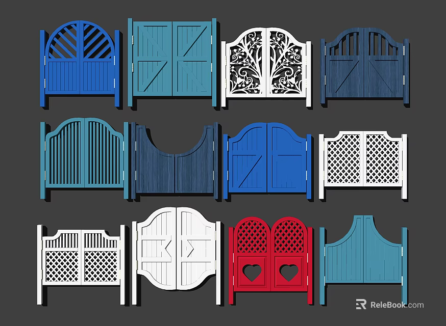 Various Decorative Door Designs Featuring Carved Patterns Grid Styles And Colors 3d model 