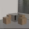 Modern Minimalist Indoor Table With Square Wooden Stools Metal Frame And Bright Window