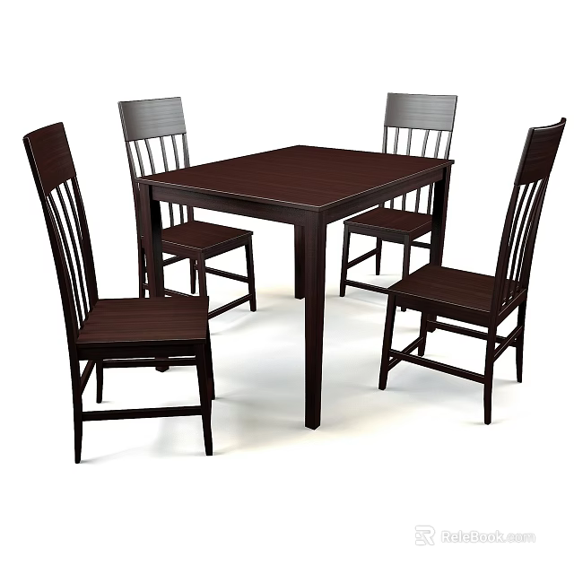 Dark Brown Wooden Dining Table Set With Square Tabletop And Four Chairs 3d model