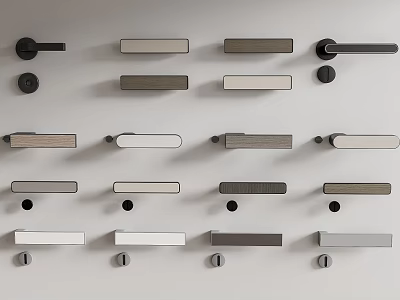 Sleek Modern Door Handles In Various Metal Designs And Colors Displayed On Wall 3d model