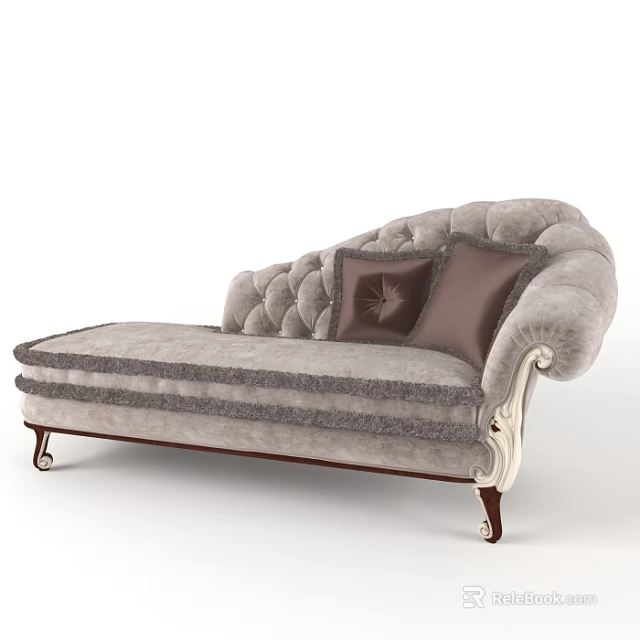 Gray Chaise Lounge With Carved Armrests Tufted Backrest And Dark Cushions 3d model 