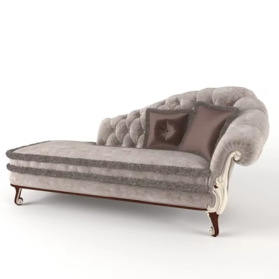 Gray Chaise Lounge With Carved Armrests Tufted Backrest And Dark Cushions 3d model