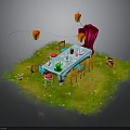 Outdoor Dining Setup With Grass Table Chairs Red Lanterns And Tableware