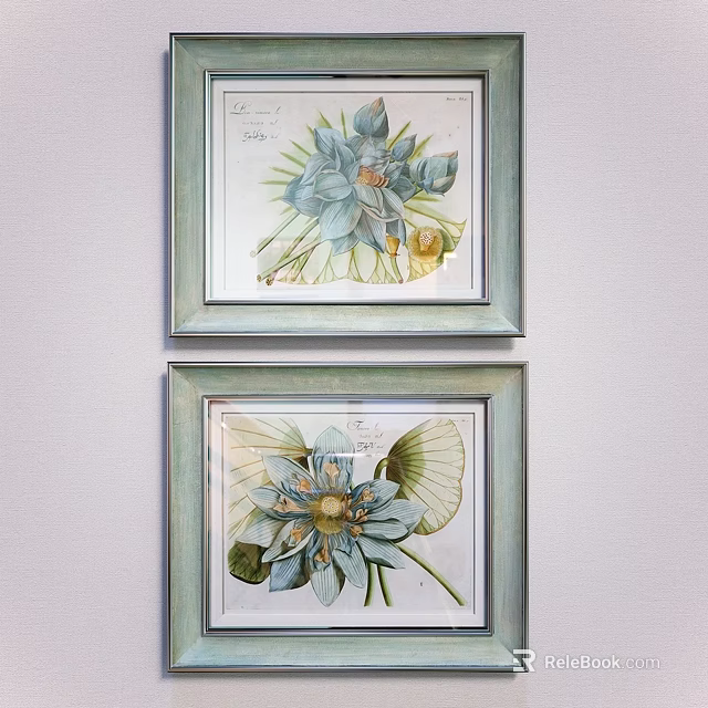 Botanical Prints With Light Green Frames Blue Flowers And Leaves On White Wall 3d model 