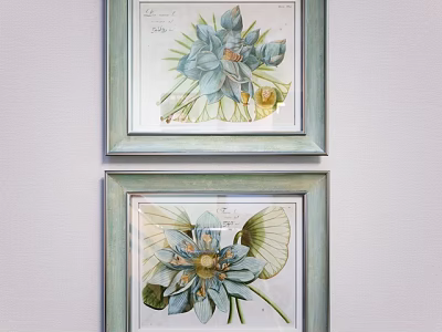 Botanical Prints With Light Green Frames Blue Flowers And Leaves On White Wall 3d model