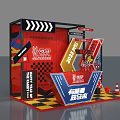 Red Exhibition Booth with Energy Run Theme Arrow Decorations and Checkerboard Pattern 3d model