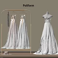 Elegant Long Dresses On Golden Hanger Rack With Mannequin White Dress And Pink Shoes