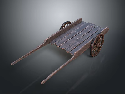 Vintage Wooden Cart With Rustic Plank Structure And Spoked Wheels 3d model