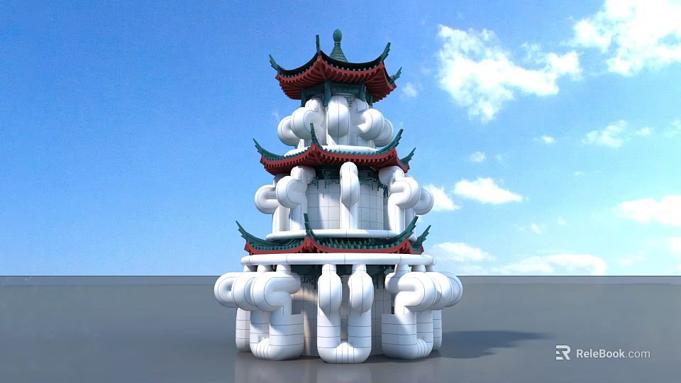 Inflatable Chinese Traditional Tower Design With Multi Layered Green Red Roofs And Cloud Patterns 3d model 
