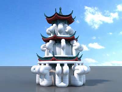 Inflatable Chinese Traditional Tower Design With Multi Layered Green Red Roofs And Cloud Patterns 3d model