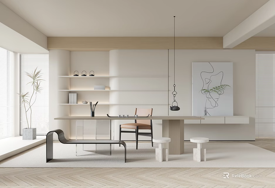 Modern Minimalist Tea Room Interior With Wooden Table Comfortable Chairs Decorative Painting And Potted Plant 3d model 