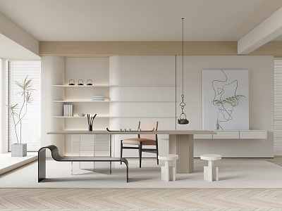Modern Minimalist Tea Room Interior With Wooden Table Comfortable Chairs Decorative Painting And Potted Plant 3d model