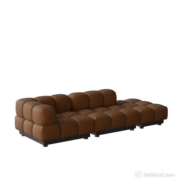 Modern Brown Tufted Three-Seater Sofa With Black Legs And Block Design 3d model