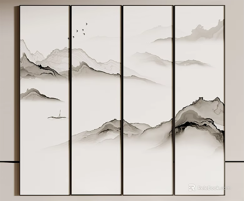 Ink Wash Landscape Painting With Misty Mountains Boat And Flying Birds On Screen 3d model 