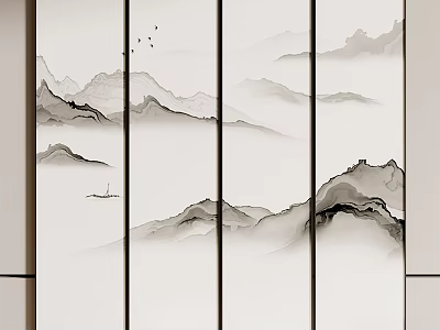 Ink Wash Landscape Painting With Misty Mountains Boat And Flying Birds On Screen 3d model