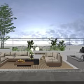 Rooftop Garden Design With Scenic Sky Comfortable Sofa Coffee Table And Lush Plants