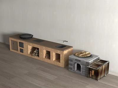 Kitchenware Storage in Wooden Countertop with Black Pan Sink Brick Oven and Glass Door Cabinet 3d model