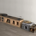 Kitchenware Storage in Wooden Countertop with Black Pan Sink Brick Oven and Glass Door Cabinet
