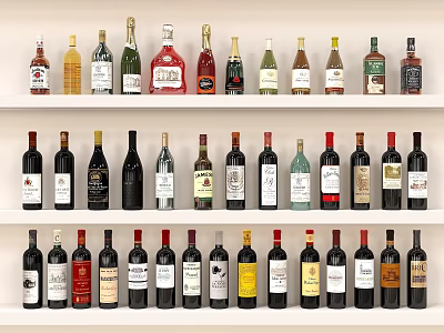 Multiple Wine Bottles Arranged On White Shelves With Different Colors And Various Shapes 3d model
