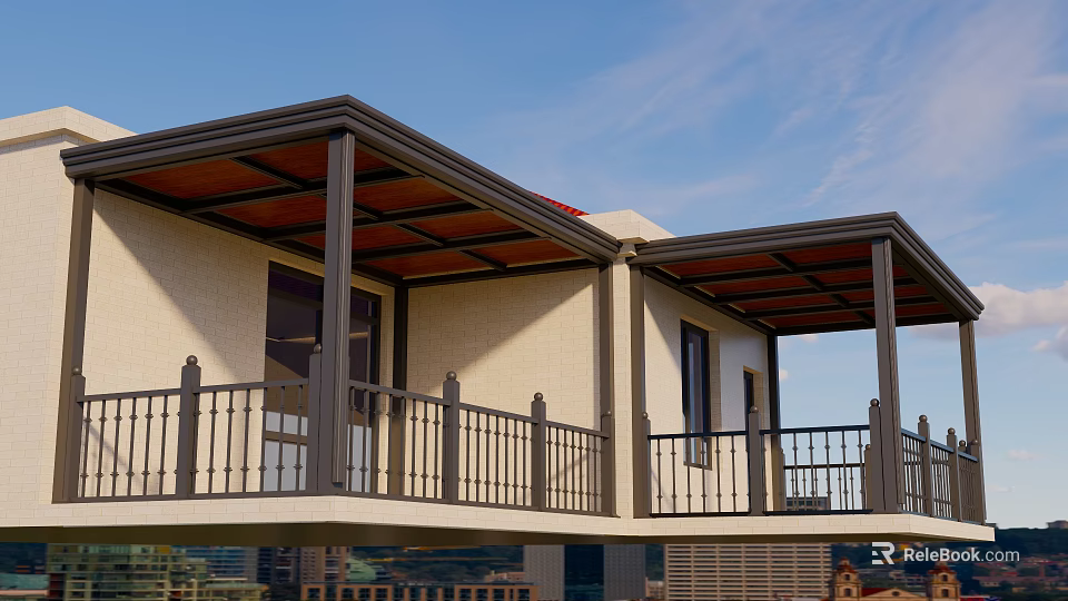 Outdoor Balcony Canopy With Metal Frame And Brown Wooden Roof For Residential Building 3d model 