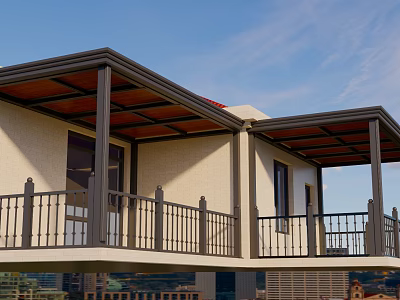 Outdoor Balcony Canopy With Metal Frame And Brown Wooden Roof For Residential Building 3d model