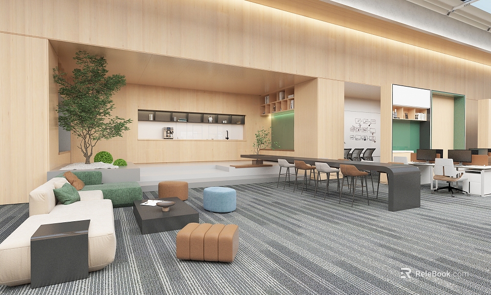 Cozy Lounge Area Interior Design With Wooden Walls Green Plants Comfortable Sofa And Soft Carpet 3d model 