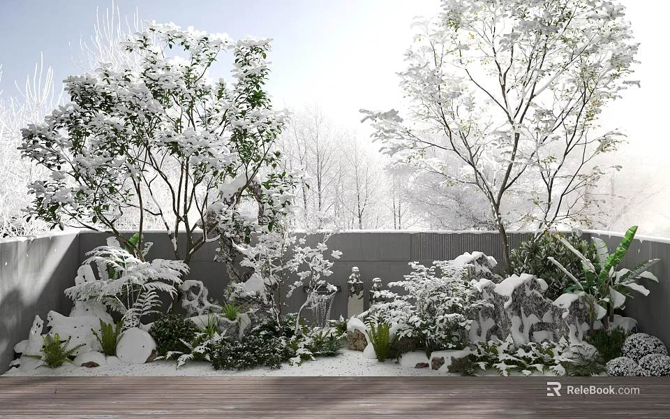 Serene Snowy Winter Landscape With Snow Covered Trees Rock Formations Wall And Plants 3d model 