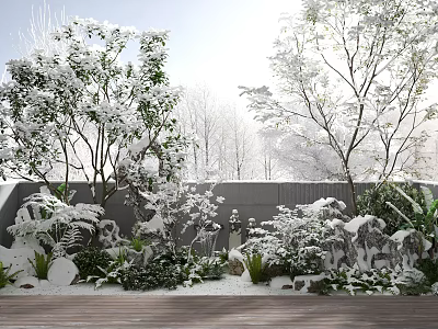 Serene Snowy Winter Landscape With Snow Covered Trees Rock Formations Wall And Plants 3d model