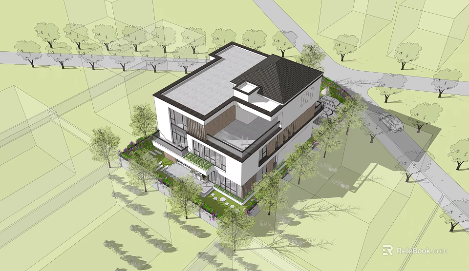 Modern Two Story Detached Villa With Black Roof White Exterior And Surrounding Greenery 3d model 