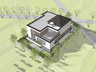 Modern Two Story Detached Villa With Black Roof White Exterior And Surrounding Greenery 3d model