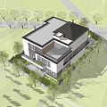 Modern Two Story Detached Villa With Black Roof White Exterior And Surrounding Greenery