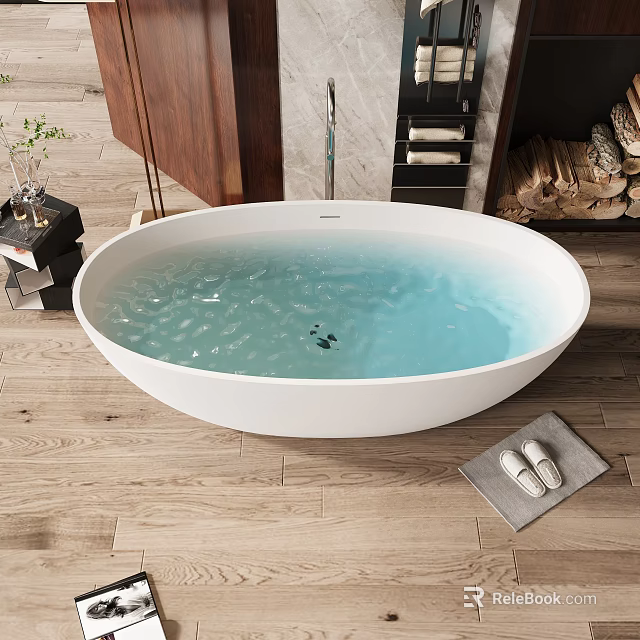 White Oval Bathtub with Light Blue Water on Wooden Floor and Slippers on Gray Mat 3d model 