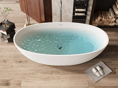 White Oval Bathtub with Light Blue Water on Wooden Floor and Slippers on Gray Mat 3d model