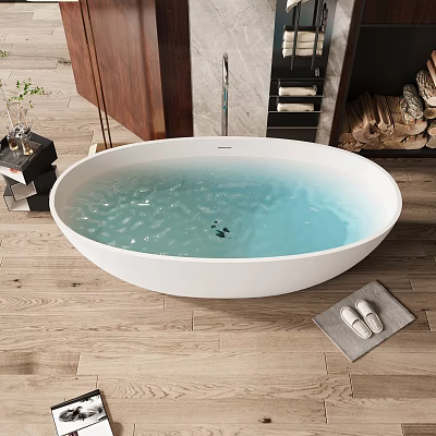 White Oval Bathtub with Light Blue Water on Wooden Floor and Slippers on Gray Mat 3d model