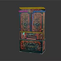 Tall Standing Storage Cabinet With Red Blue Intricate Painted Patterns And Vintage Artistic Design