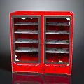Vintage Red Double Door Bookcase With Multiple Shelves And Open Design